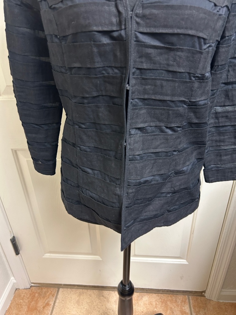Chico's black jacket featuring striped textured fabric with sheer panels, Size 0 - Picture 3 of 9